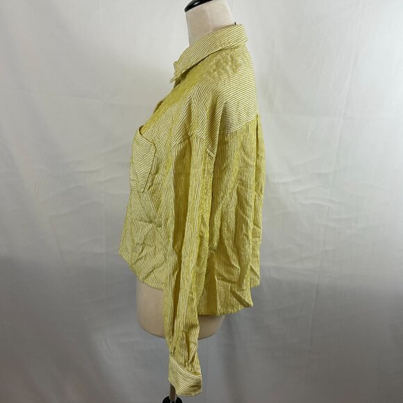 FRNCH Top S Chartreuse White Textured Stripe Cropped Button Front Long Sleeve - Picture 6 of 11